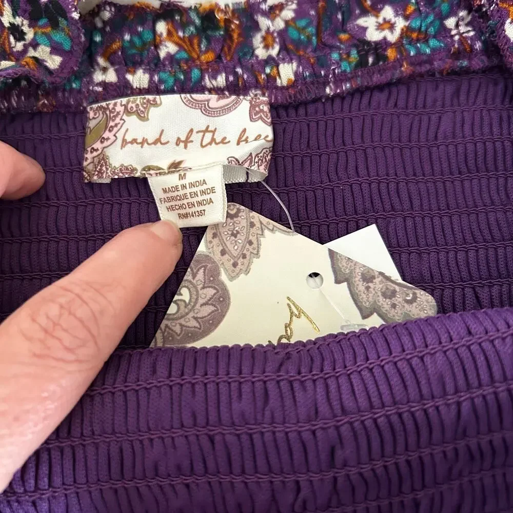 Band of the Free Smocked Floral Crop Top Purple Boho Prairie Festival NWT M